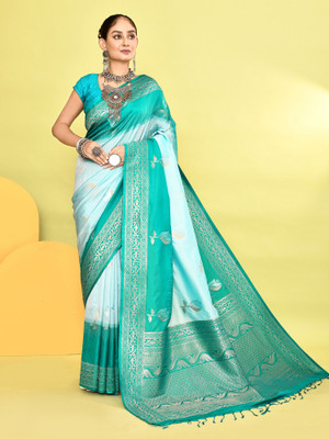 Elora Floral Print Banarasi Silk Blend Saree(Blue)