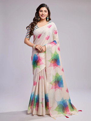 SHRIMAY Floral Print Bollywood Tussar Silk, Raw Silk Saree(Multicolor)