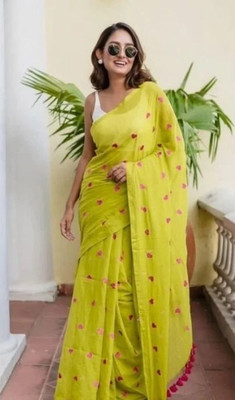 Shubharam Floral Print, Printed Bollywood Linen, Cotton Blend Saree(Light Green)