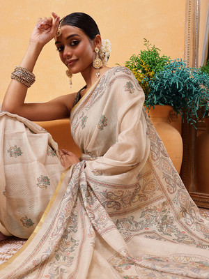 SILK ZONE Printed Chanderi Cotton Blend Saree(Multicolor)