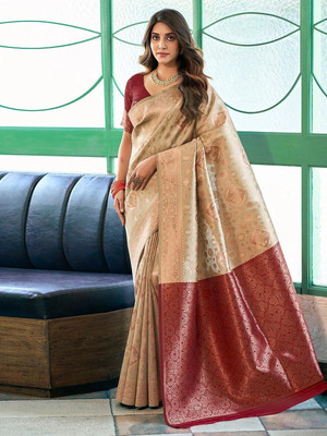 ETHNICHITZ Woven, Embellished Kanjivaram Cotton Silk, Jacquard Saree(Beige, Maroon)