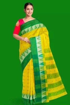 Ghosh handloom Temple Border Tant Pure Cotton Saree(Yellow)