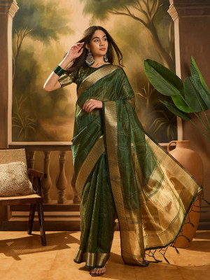 ShopGlobal Woven Banarasi Organza Saree(Green)