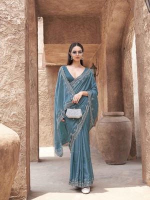 Tikhi Imli Embroidered Saree with Attached Blouse Georgette Saree(Blue)