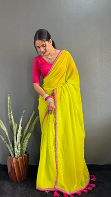 HouseOfCommon Solid/Plain Bollywood Georgette Saree(Light Green)