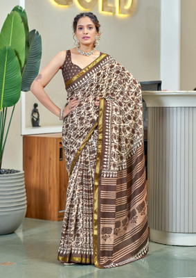Divastri Printed Chanderi Cotton Blend Saree(Brown)