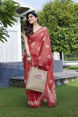 MIRCHI FASHION Printed, Blocked Printed Hand Batik Chiffon, Georgette Saree(Orange, White)