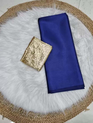 Aruna Sarees Solid/Plain, Self Design Bollywood Satin Saree(Dark Blue)