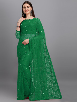 Croza Self Design Bollywood Net Saree(Dark Green)