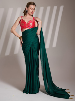 Divastri Solid/Plain Bollywood Georgette Saree(Dark Green, Red)