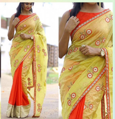 PRATYAMFASHION Embroidered Chanderi Chanderi Saree(Yellow, Orange)