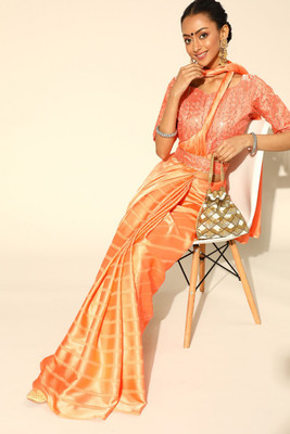Ratnavati Striped Leheria Satin Saree(Orange)