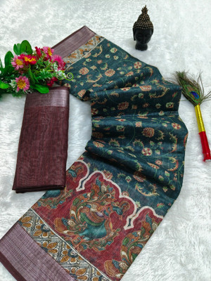 HouseOfCommon Woven Kanjivaram Pure Cotton, Cotton Linen Saree(Green, Maroon)