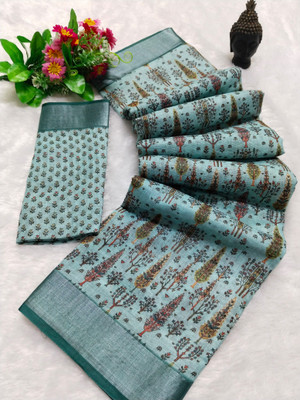 HouseOfCommon Printed Kanjivaram Pure Cotton, Cotton Silk Saree(Light Blue)