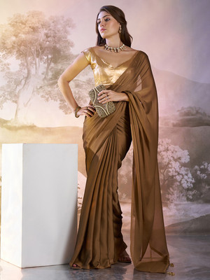 Divastri Embellished, Solid/Plain Bollywood Satin Saree(Brown)