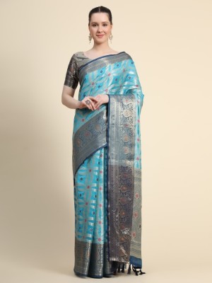 VISVASTA Woven Daily Wear Jacquard, Linen Saree(Light Blue)