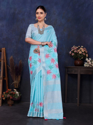 NEGRONI Printed Daily Wear Cotton Linen Saree(Blue)