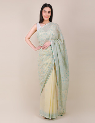 SHWET Embroidered Lucknow Chikankari Cotton Blend Saree(Yellow)
