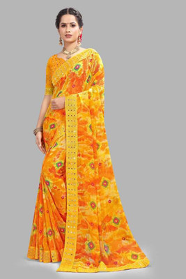 MAHALACMI FAB Printed, Self Design, Geometric Print Bollywood Georgette Saree(Yellow)
