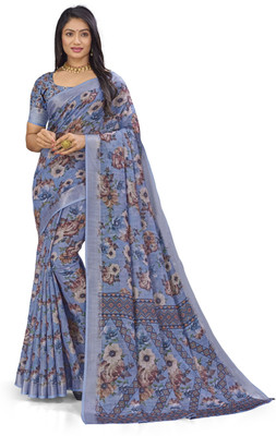 PARVOTSAV Floral Print Daily Wear Linen Saree(Blue)