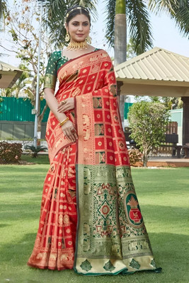 ANIRAV Woven Banarasi Silk Blend, Jacquard Saree(Red)
