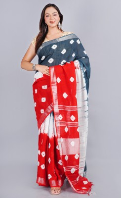 MOLLAR Printed Handloom Cotton Linen Saree(Red, Grey)