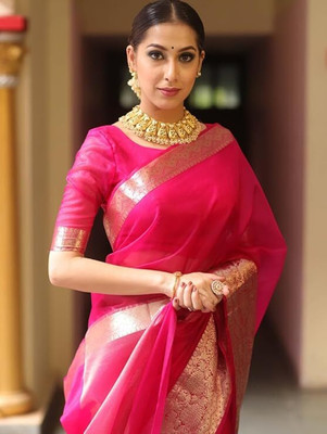 shri vinayak creations Solid/Plain Kanjivaram Organza Saree(Pink)
