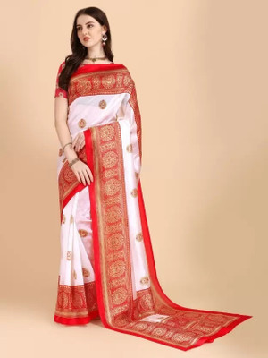 Saadhvi Printed Banarasi Cotton Silk Saree(Red, White)
