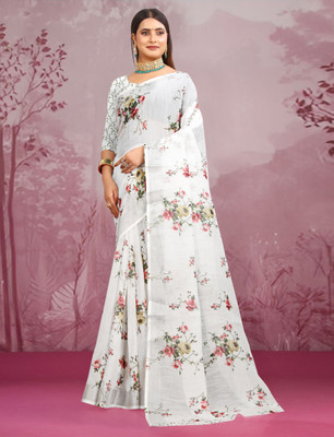 HangerStories Printed Kanjivaram Pure Cotton, Cotton Linen Saree(White)