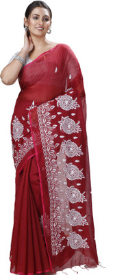 DipDiya Embroidered, Self Design Handloom Cotton Blend Saree(Maroon)