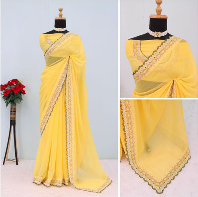 HouseOfCommon Embellished Bollywood Organza Saree(Yellow)