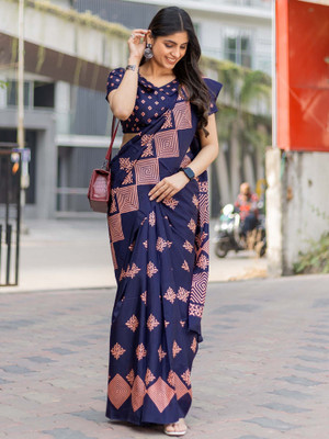 Divastri Printed Daily Wear Silk Blend Saree(Dark Blue)