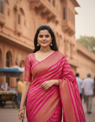 Bindi Striped Banarasi Jacquard Saree(Pink)