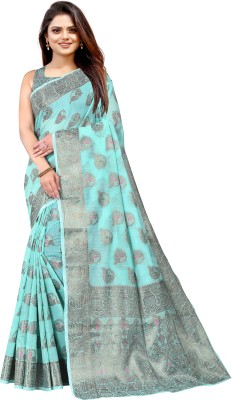 NIYAMI Printed, Self Design, Temple Border, Woven, Floral Print, Solid/Plain Banarasi Jacquard, Cotton Silk Saree(Blue)