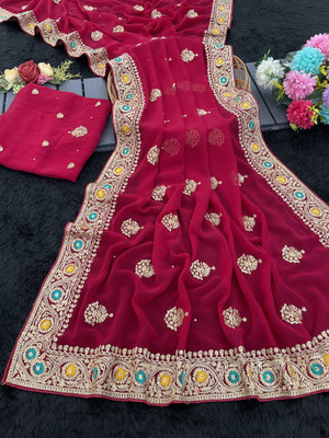 monoria Embroidered Chanderi Georgette Saree(Maroon)
