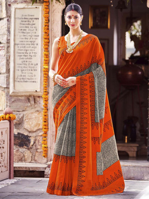 Anouk Rustic Printed Daily Wear Silk Blend Saree(Orange)
