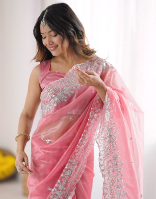 Satrani Embroidered, Embellished Bollywood Jimmy choo, Net Saree(Pink)