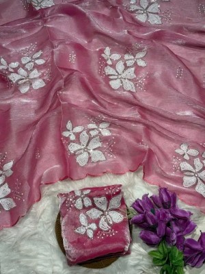 KanjiQueen Embellished Bollywood Organza, Pure Silk Saree(Pink, White)