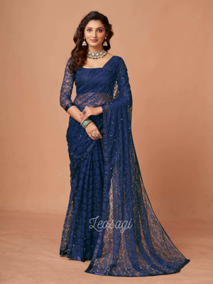 pridewear Self Design Bollywood Net Saree(Blue)