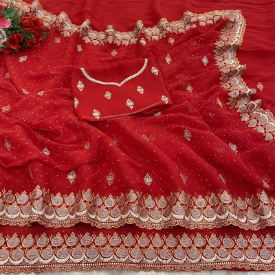 Mikhushop Embellished Bollywood Organza Saree(Red)