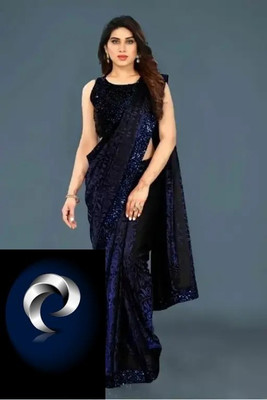 Online Bazaaar Solid/Plain Bollywood Lycra Blend Saree(Dark Blue)
