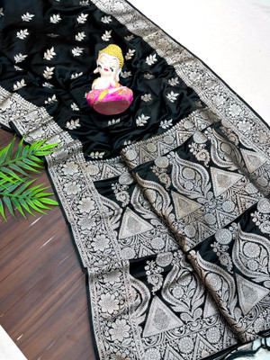 Shampas World Woven Saree with Attached Blouse Satin Saree(Black)
