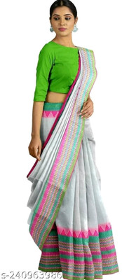 Pal Handloom Printed, Temple Border Handloom Cotton Blend Saree(White)