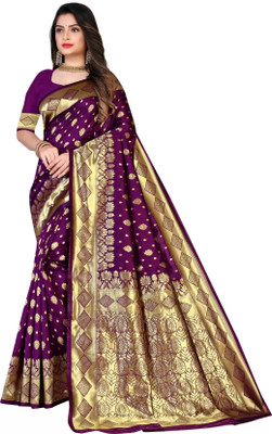 signagraph Woven, Color Block Kanjivaram Pure Silk, Jacquard Saree(Purple)