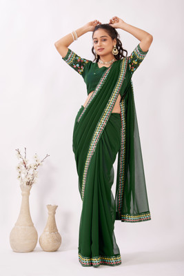 PIYA DESIGNER Embellished, Solid/Plain Bollywood Georgette Saree(Dark Green)