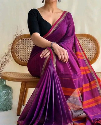 HouseOfCommon Solid/Plain Handloom Cotton Blend Saree(Purple)