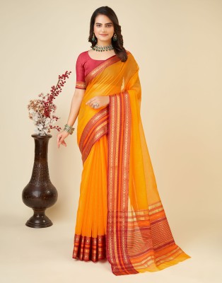 Samah Woven, Embellished, Striped Kota Doria Silk Blend Saree(Yellow, Multicolor)