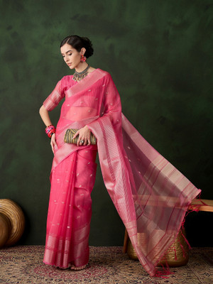 Sangria Woven Saree with Attached Blouse Organza Saree(Pink)