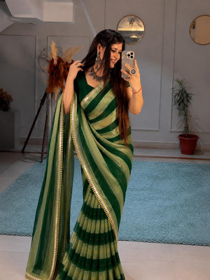 Jay Bajrang Fashion Striped, Woven, Self Design Bollywood Tissue Saree(Dark Green)