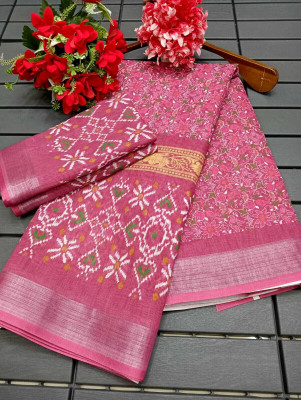 HouseOfCommon Floral Print Kanjivaram Cotton Linen, Linen Saree(Pink)